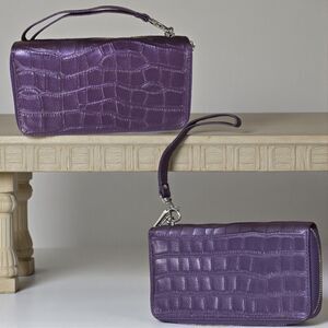 Purple Croc Embossed Leather Zip Around Wallet Wristlet Clutch